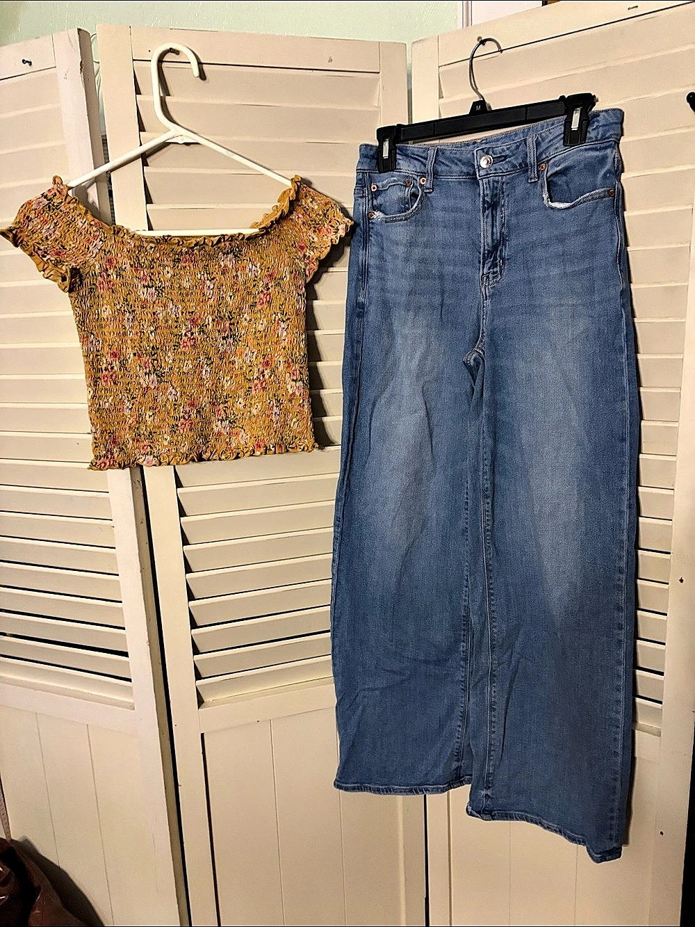 Two piece American Eagle outfit including AE crop top and baggy jeans